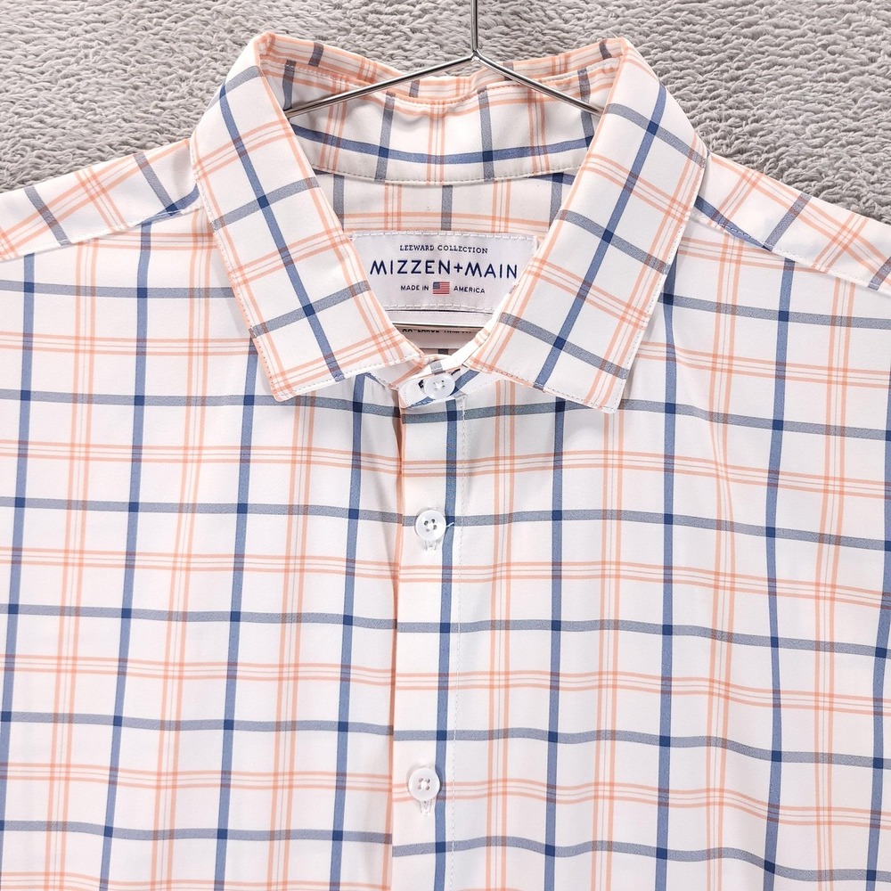 Mizzen Main Dress Shirt Mens 2XL White Plaid Leeward Trim Fit Stretch Non Iron